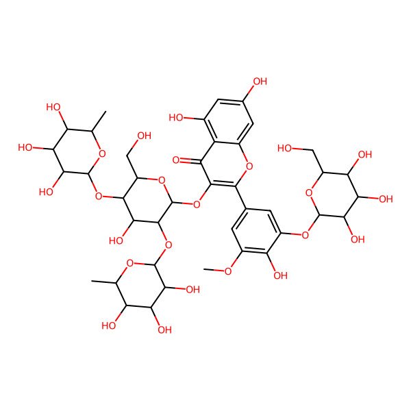 2D Structure of 5,7-Dihydroxy-3-[4-hydroxy-6-(hydroxymethyl)-3,5-bis[(3,4,5-trihydroxy-6-methyloxan-2-yl)oxy]oxan-2-yl]oxy-2-[4-hydroxy-3-methoxy-5-[3,4,5-trihydroxy-6-(hydroxymethyl)oxan-2-yl]oxyphenyl]chromen-4-one