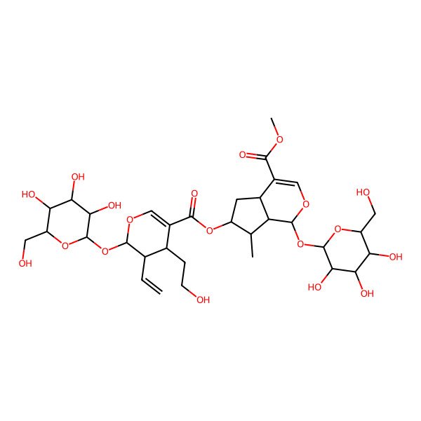 2D Structure of methyl (1S,4aS,6S,7R,7aR)-6-[(2S,3S,4S)-3-ethenyl-4-(2-hydroxyethyl)-2-[(2S,3S,4S,5S,6R)-3,4,5-trihydroxy-6-(hydroxymethyl)oxan-2-yl]oxy-3,4-dihydro-2H-pyran-5-carbonyl]oxy-7-methyl-1-[(2S,3S,4S,5S,6S)-3,4,5-trihydroxy-6-(hydroxymethyl)oxan-2-yl]oxy-1,4a,5,6,7,7a-hexahydrocyclopenta[c]pyran-4-carboxylate