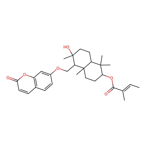 2D Structure of [(2R,4aR,6S,8aS)-6-hydroxy-1,1,4a,6-tetramethyl-5-[(2-oxochromen-7-yl)oxymethyl]-3,4,5,7,8,8a-hexahydro-2H-naphthalen-2-yl] (Z)-2-methylbut-2-enoate
