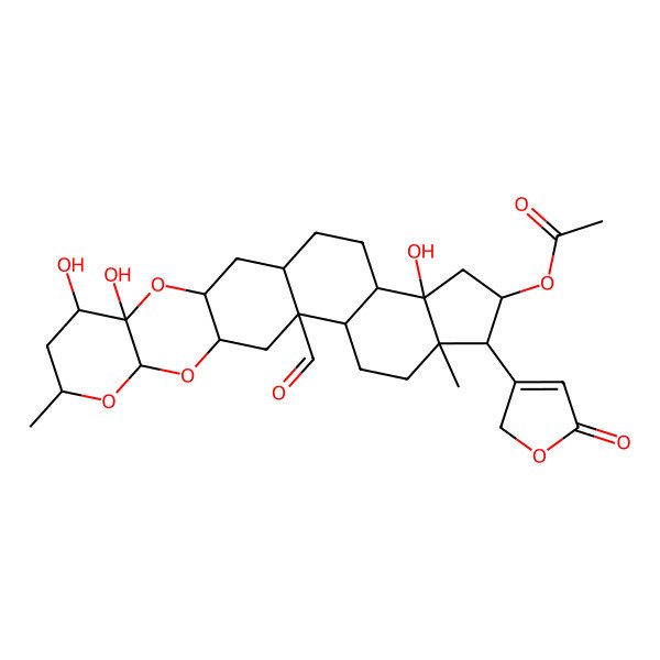 2D Structure of [(1S,3R,5S,6R,8R,10S,12R,14R,15S,18R,19R,20R,22S,23R)-14-formyl-5,6,22-trihydroxy-8,18-dimethyl-19-(5-oxo-2H-furan-3-yl)-4,9,11-trioxahexacyclo[12.11.0.03,12.05,10.015,23.018,22]pentacosan-20-yl] acetate