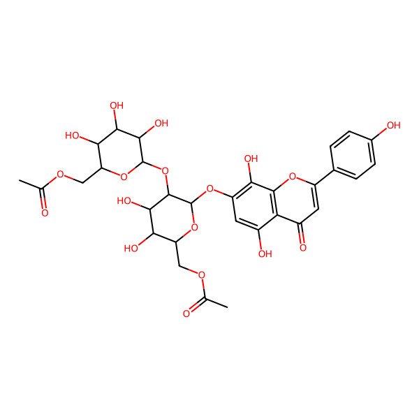 2D Structure of [(2R,3S,4R,5R,6S)-6-[(2S,3R,4S,5S,6R)-6-(acetyloxymethyl)-2-[5,8-dihydroxy-2-(4-hydroxyphenyl)-4-oxochromen-7-yl]oxy-4,5-dihydroxyoxan-3-yl]oxy-3,4,5-trihydroxyoxan-2-yl]methyl acetate