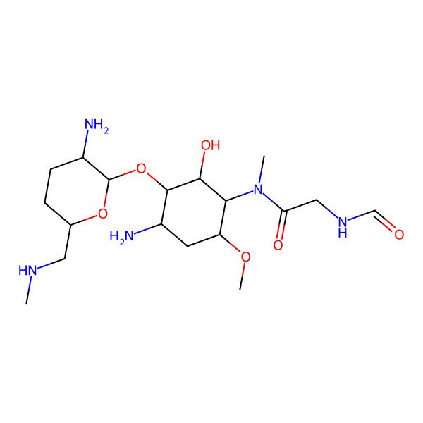 2D Structure of N-[4-amino-3-[3-amino-6-(methylaminomethyl)oxan-2-yl]oxy-2-hydroxy-6-methoxycyclohexyl]-2-formamido-N-methylacetamide