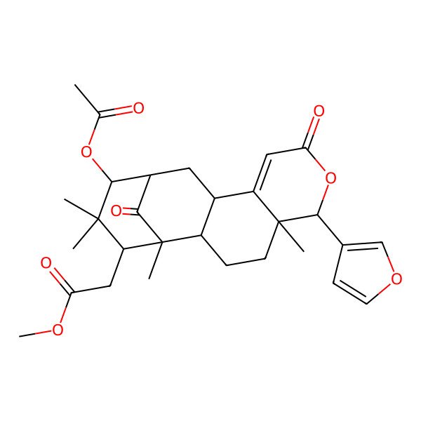 2D Structure of methyl 2-[(1R,2S,5R,6R,11R,13S,14R)-14-acetyloxy-6-(furan-3-yl)-1,5,15,15-tetramethyl-8,17-dioxo-7-oxatetracyclo[11.3.1.02,11.05,10]heptadec-9-en-16-yl]acetate