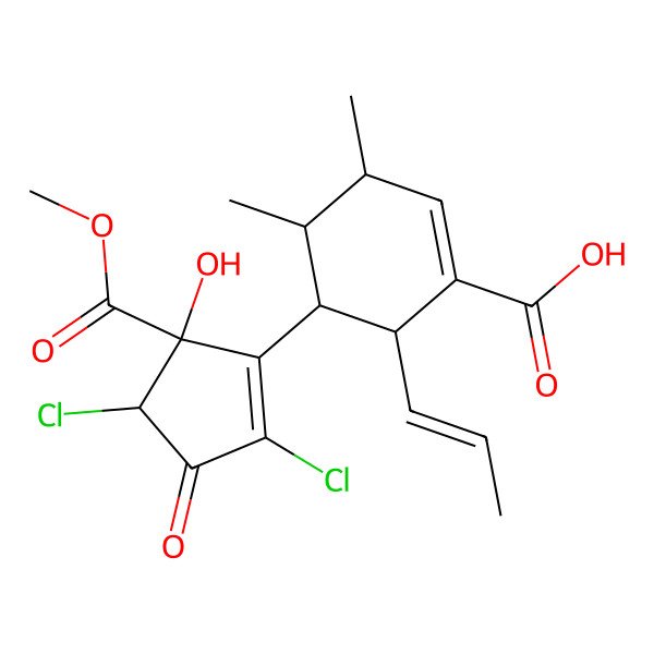 2D Structure of 5-(2,4-Dichloro-5-hydroxy-5-methoxycarbonyl-3-oxocyclopenten-1-yl)-3,4-dimethyl-6-prop-1-enylcyclohexene-1-carboxylic acid