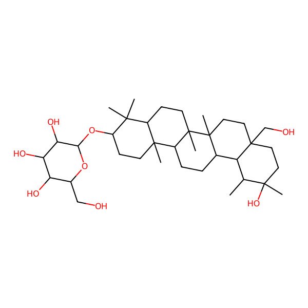 2D Structure of (2R,3R,4S,5S,6R)-2-[[(3S,4aR,6aR,6aR,6bR,8aR,11S,12S,12aS,14aR,14bR)-11-hydroxy-8a-(hydroxymethyl)-4,4,6a,6b,11,12,14b-heptamethyl-1,2,3,4a,5,6,6a,7,8,9,10,12,12a,13,14,14a-hexadecahydropicen-3-yl]oxy]-6-(hydroxymethyl)oxane-3,4,5-triol