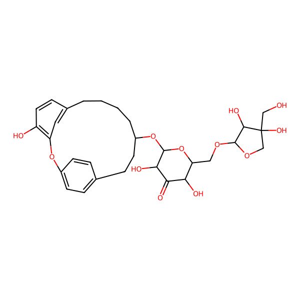 2D Structure of 2-[[3,4-Dihydroxy-4-(hydroxymethyl)oxolan-2-yl]oxymethyl]-3,5-dihydroxy-6-[(4-hydroxy-2-oxatricyclo[13.2.2.13,7]icosa-1(17),3,5,7(20),15,18-hexaen-12-yl)oxy]oxan-4-one