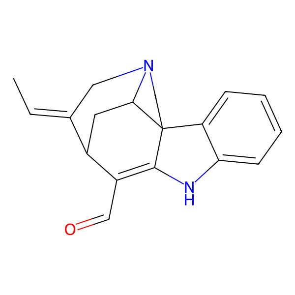 2D Structure of (1R,11R,12Z,17S)-12-ethylidene-8,14-diazapentacyclo[9.5.2.01,9.02,7.014,17]octadeca-2,4,6,9-tetraene-10-carbaldehyde