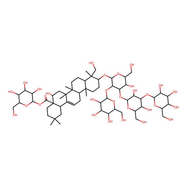 2D Structure of Olean-12-en-28-oic acid, 3-[(O-beta-D-glucopyranosyl-(1-->2)-O-[O-beta-D-glucopyranosyl-(1-->3)-beta-D-glucopyranosyl-(1-->3)]-beta-D-glucopyranosyl)oxy]-16,23-dihydroxy-, beta-D-glucopyranosyl ester, (3beta,4alpha,16alpha)-
