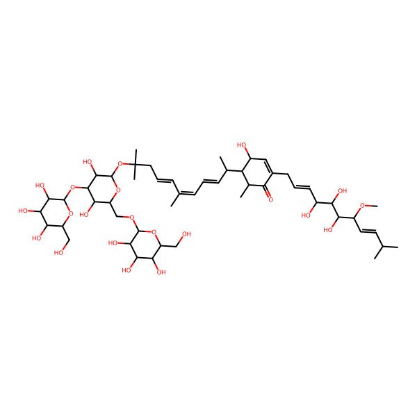 2D Structure of (4S,5R,6S)-5-[(2S,3E,5E,7E)-10-[(2S,3R,4S,5R,6R)-3,5-dihydroxy-4-[(2S,3S,4R,5R,6S)-3,4,5-trihydroxy-6-(hydroxymethyl)oxan-2-yl]oxy-6-[[(2S,3S,4R,5R,6S)-3,4,5-trihydroxy-6-(hydroxymethyl)oxan-2-yl]oxymethyl]oxan-2-yl]oxy-6,10-dimethylundeca-3,5,7-trien-2-yl]-4-hydroxy-6-methyl-2-[(2E,4S,5R,6R,7S,8E)-4,5,6-trihydroxy-7-methoxy-10-methylundeca-2,8-dienyl]cyclohex-2-en-1-one