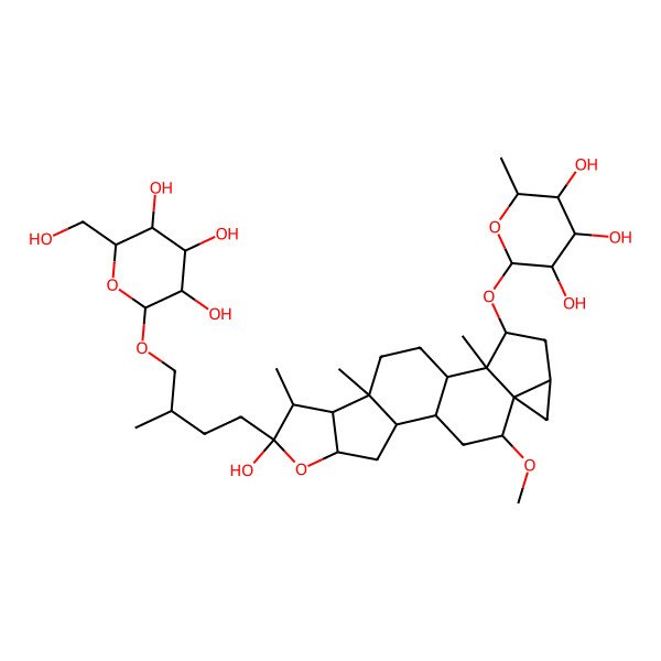 2D Structure of (2R,3R,4S,5R,6R)-2-[[(1S,2S,4S,6R,7S,8R,9S,12S,13R,14R,16S,18R,19R)-6-hydroxy-19-methoxy-7,9,13-trimethyl-6-[3-methyl-4-[(2R,3R,4S,5S,6R)-3,4,5-trihydroxy-6-(hydroxymethyl)oxan-2-yl]oxybutyl]-5-oxahexacyclo[10.8.0.02,9.04,8.013,18.016,18]icosan-14-yl]oxy]-6-methyloxane-3,4,5-triol