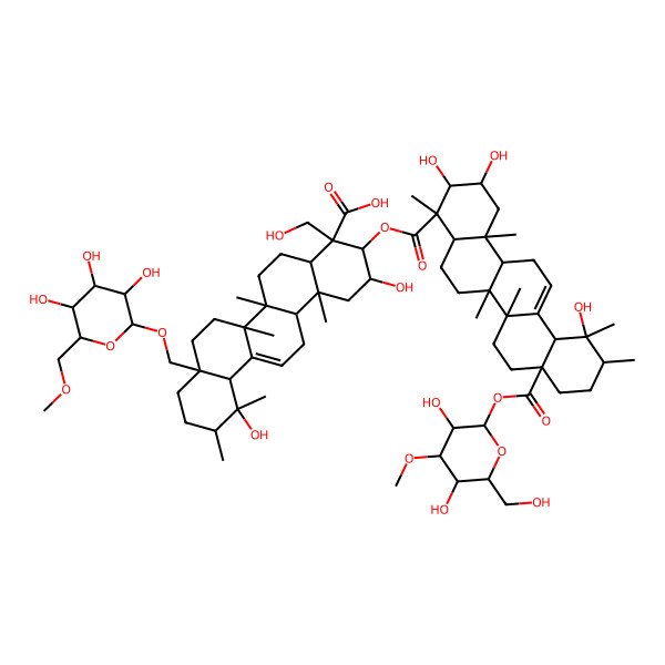 2D Structure of (2R,3S,4S,4aS,6aS,6bR,8aR,11R,12R,12aS,14aR,14bR)-3-[(2R,3R,4S,4aS,6aS,6bR,8aR,11R,12R,12aS,14aR,14bR)-8a-[(2R,3R,4S,5S,6S)-3,5-dihydroxy-6-(hydroxymethyl)-4-methoxyoxan-2-yl]oxycarbonyl-2,3,12-trihydroxy-4,6a,6b,11,12,14b-hexamethyl-1,2,3,4a,5,6,7,8,9,10,11,12a,14,14a-tetradecahydropicene-4-carbonyl]oxy-2,12-dihydroxy-4-(hydroxymethyl)-6a,6b,11,12,14b-pentamethyl-8a-[[(2S,3R,4S,5R,6S)-3,4,5-trihydroxy-6-(methoxymethyl)oxan-2-yl]oxymethyl]-1,2,3,4a,5,6,7,8,9,10,11,12a,14,14a-tetradecahydropicene-4-carboxylic acid