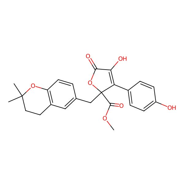 2D Structure of Methyl 2-((2,2-dimethylchroman-6-yl)methyl)-4-hydroxy-3-(4-hydroxyphenyl)-5-oxo-2,5-dihydrofuran-2-carboxylate