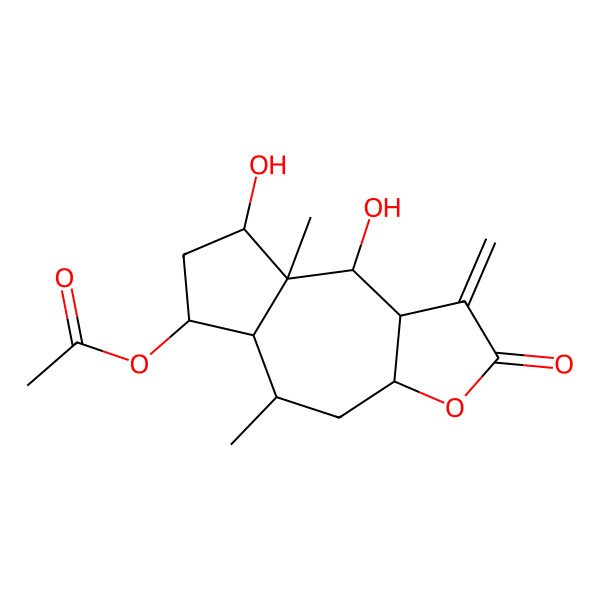 2D Structure of (8,9-dihydroxy-5,8a-dimethyl-1-methylidene-2-oxo-4,5,5a,6,7,8,9,9a-octahydro-3aH-azuleno[6,5-b]furan-6-yl) acetate