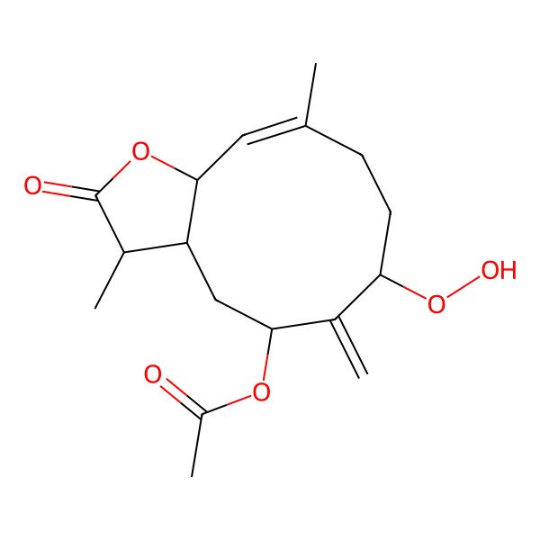 2D Structure of (7-Hydroperoxy-3,10-dimethyl-6-methylidene-2-oxo-3,3a,4,5,7,8,9,11a-octahydrocyclodeca[b]furan-5-yl) acetate