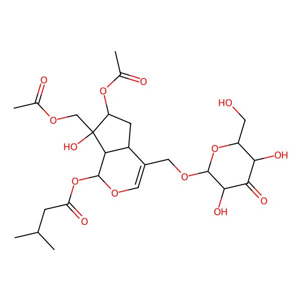 2D Structure of [(1S,4aS,6S,7R,7aS)-6-acetyloxy-7-(acetyloxymethyl)-4-[[(2R,3S,5R,6R)-3,5-dihydroxy-6-(hydroxymethyl)-4-oxooxan-2-yl]oxymethyl]-7-hydroxy-4a,5,6,7a-tetrahydro-1H-cyclopenta[c]pyran-1-yl] 3-methylbutanoate