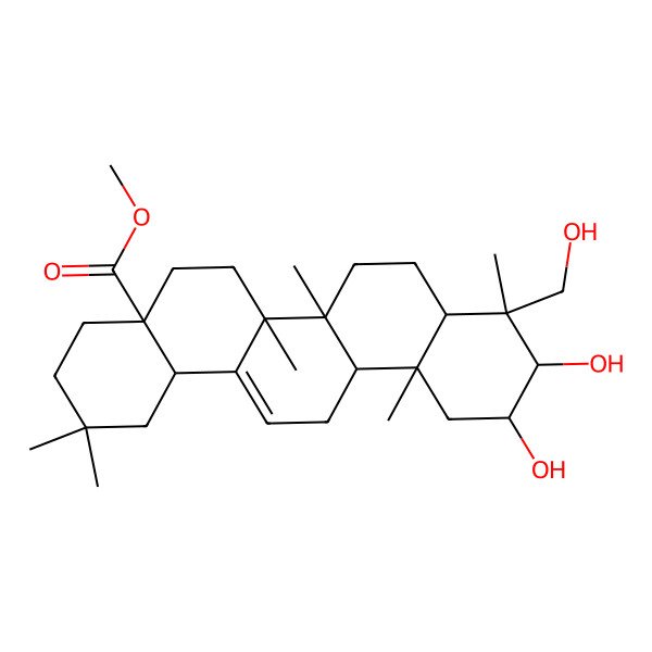 2D Structure of methyl (4aS,6aR,6aS,6bR,8aS,9R,10R,11R,12aR,14bS)-10,11-dihydroxy-9-(hydroxymethyl)-2,2,6a,6b,9,12a-hexamethyl-1,3,4,5,6,6a,7,8,8a,10,11,12,13,14b-tetradecahydropicene-4a-carboxylate