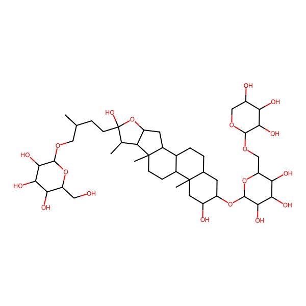 2D Structure of (2R,3R,4S,5S,6R)-2-[(2S)-4-[(1R,2S,4S,7S,8R,9S,12S,13S,15R,16R,18S)-6,15-dihydroxy-7,9,13-trimethyl-16-[(2R,3R,4S,5S,6R)-3,4,5-trihydroxy-6-[[(2S,3R,4S,5R)-3,4,5-trihydroxyoxan-2-yl]oxymethyl]oxan-2-yl]oxy-5-oxapentacyclo[10.8.0.02,9.04,8.013,18]icosan-6-yl]-2-methylbutoxy]-6-(hydroxymethyl)oxane-3,4,5-triol