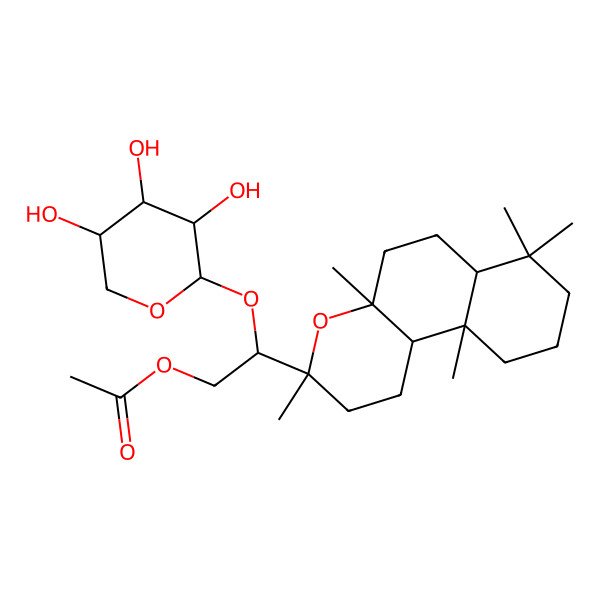 2D Structure of [(2S)-2-[(3S,4aR,6aR,10aS,10bS)-3,4a,7,7,10a-pentamethyl-2,5,6,6a,8,9,10,10b-octahydro-1H-benzo[f]chromen-3-yl]-2-[(2S,3R,4S,5S)-3,4,5-trihydroxyoxan-2-yl]oxyethyl] acetate