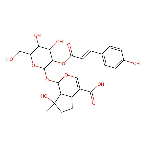 2D Structure of 1-[4,5-dihydroxy-6-(hydroxymethyl)-3-[3-(4-hydroxyphenyl)prop-2-enoyloxy]oxan-2-yl]oxy-7-hydroxy-7-methyl-4a,5,6,7a-tetrahydro-1H-cyclopenta[c]pyran-4-carboxylic acid