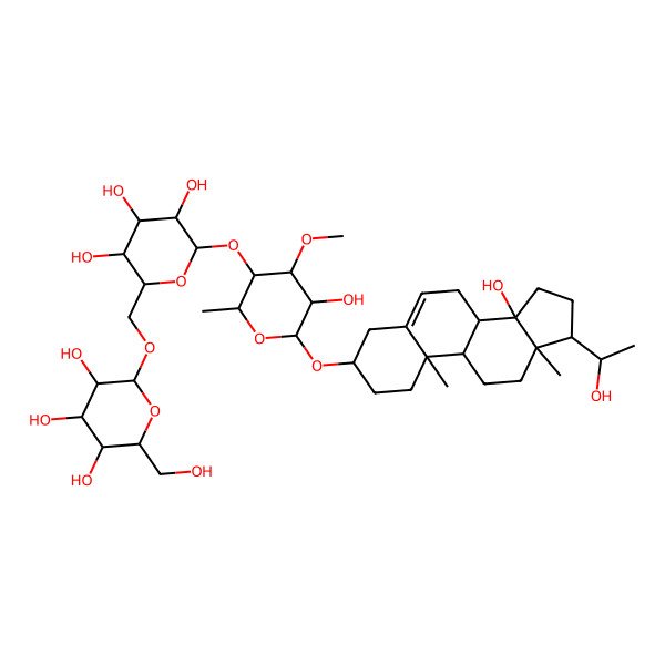 2D Structure of (2R,3S,4S,5R,6R)-2-(hydroxymethyl)-6-[[(2R,3S,4S,5R,6S)-3,4,5-trihydroxy-6-[(2R,3S,4R,5R,6R)-5-hydroxy-6-[[(3S,8R,9S,10R,13R,14S,17S)-14-hydroxy-17-(1-hydroxyethyl)-10,13-dimethyl-1,2,3,4,7,8,9,11,12,15,16,17-dodecahydrocyclopenta[a]phenanthren-3-yl]oxy]-4-methoxy-2-methyloxan-3-yl]oxyoxan-2-yl]methoxy]oxane-3,4,5-triol