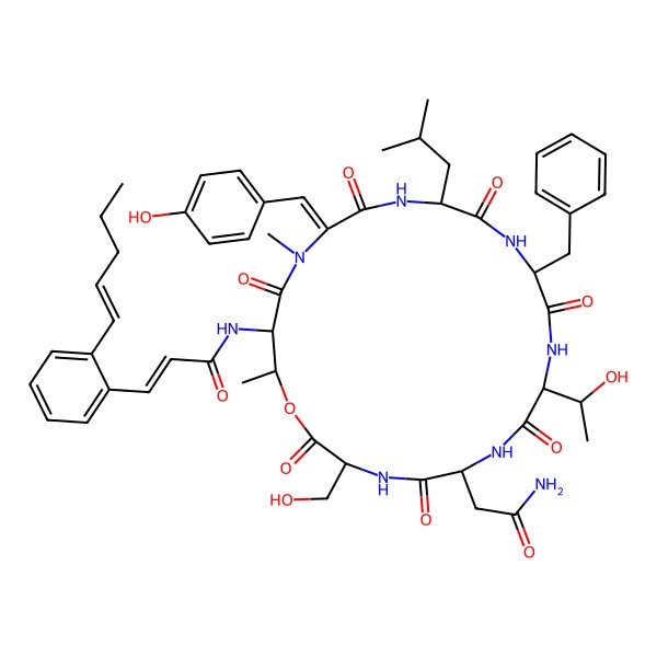 2D Structure of (E)-N-((18Z)-6-(2-amino-2-oxoethyl)-12-benzyl-9-(1-hydroxyethyl)-3-(hydroxymethyl)-18-((4-hydroxyphenyl)methylidene)-19,22-dimethyl-15-(2-methylpropyl)-2,5,8,11,14,17,20-heptaoxo-1-oxa-4,7,10,13,16,19-hexazacyclodocos-21-yl)-3-(2-((E)-pent-1-enyl)phenyl)prop-2-enamide