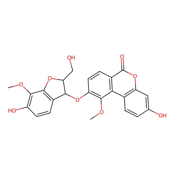 2D Structure of 3-Hydroxy-9-[[6-hydroxy-2-(hydroxymethyl)-7-methoxy-2,3-dihydro-1-benzofuran-3-yl]oxy]-10-methoxybenzo[c]chromen-6-one