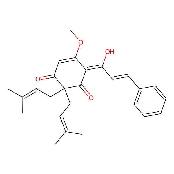 2D Structure of (6E)-6-[(E)-1-hydroxy-3-phenylprop-2-enylidene]-5-methoxy-2,2-bis(3-methylbut-2-enyl)cyclohex-4-ene-1,3-dione