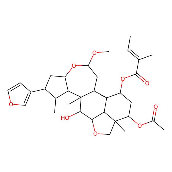2D Structure of [(1R,2S,6S,8R,10S,11R,12S,13R,16R,17R,19S,20R)-17-acetyloxy-8-(furan-3-yl)-12-hydroxy-4-methoxy-1,9,11,16-tetramethyl-5,14-dioxapentacyclo[11.6.1.02,11.06,10.016,20]icosan-19-yl] (E)-2-methylbut-2-enoate