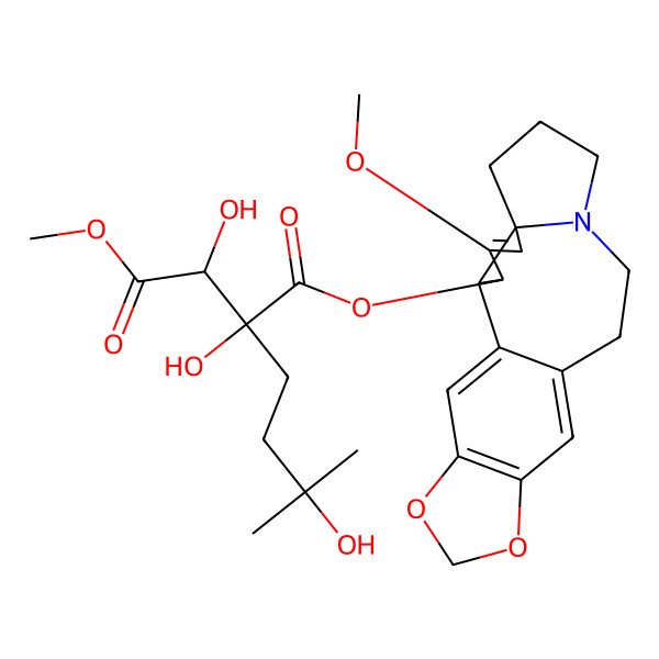 2D Structure of 1-O-[(2S,3S,6S)-4-methoxy-16,18-dioxa-10-azapentacyclo[11.7.0.02,6.06,10.015,19]icosa-1(20),4,13,15(19)-tetraen-3-yl] 4-O-methyl (2R,3S)-2,3-dihydroxy-2-(3-hydroxy-3-methylbutyl)butanedioate