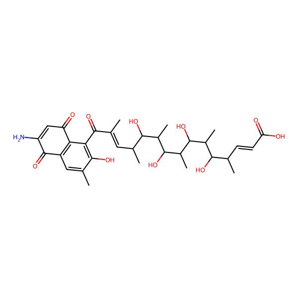 2D Structure of 15-(6-Amino-2-hydroxy-3-methyl-5,8-dioxonaphthalen-1-yl)-5,7,9,11-tetrahydroxy-4,6,8,10,12,14-hexamethyl-15-oxopentadeca-2,13-dienoic acid