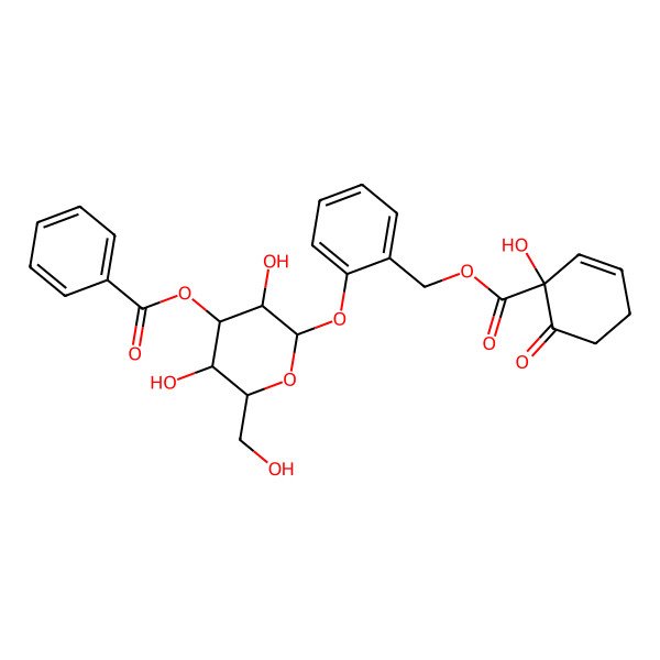 2D Structure of [(2R,3S,4R,5S,6R)-3,5-dihydroxy-2-(hydroxymethyl)-6-[2-[(1-hydroxy-6-oxocyclohex-2-ene-1-carbonyl)oxymethyl]phenoxy]oxan-4-yl] benzoate