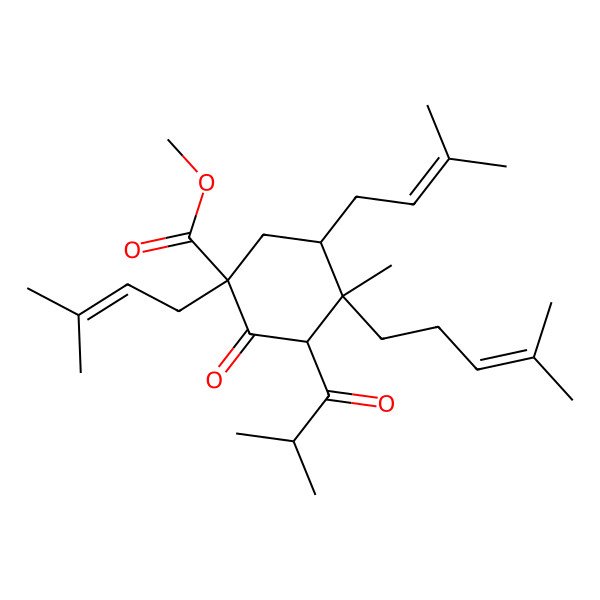 2D Structure of 2-(Methoxycarbonyl)-5-methyl-2,4-bis(3-methyl-2-butenyl)-6-(2-methyl-1-oxopropyl)-5-(4-methyl-3-pentenyl)cyclohexanone