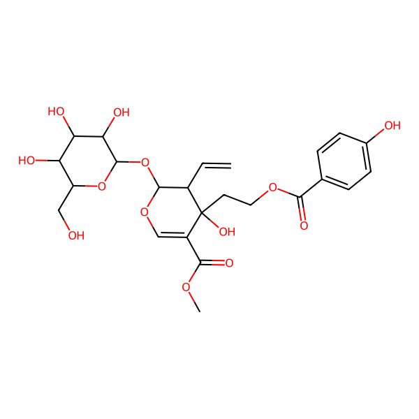 2D Structure of Methyl 3-ethenyl-4-hydroxy-4-[2-(4-hydroxybenzoyl)oxyethyl]-2-[3,4,5-trihydroxy-6-(hydroxymethyl)oxan-2-yl]oxy-2,3-dihydropyran-5-carboxylate