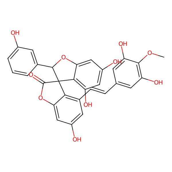 2D Structure of (3R)-4-[(E)-2-(3,5-dihydroxy-4-methoxyphenyl)ethenyl]-4',6,6'-trihydroxy-2'-(3-hydroxyphenyl)spiro[1-benzofuran-3,3'-2H-1-benzofuran]-2-one