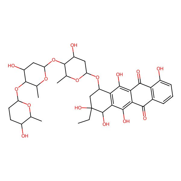 2D Structure of 9-ethyl-4,6,9,10,11-pentahydroxy-7-[4-hydroxy-5-[4-hydroxy-5-(5-hydroxy-6-methyloxan-2-yl)oxy-6-methyloxan-2-yl]oxy-6-methyloxan-2-yl]oxy-8,10-dihydro-7H-tetracene-5,12-dione