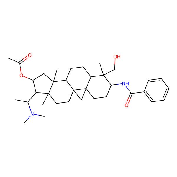 2D Structure of [(1S,3R,6S,7R,8R,11S,12S,14R,15S,16R)-6-benzamido-15-[(1S)-1-(dimethylamino)ethyl]-7-(hydroxymethyl)-7,12,16-trimethyl-14-pentacyclo[9.7.0.01,3.03,8.012,16]octadecanyl] acetate