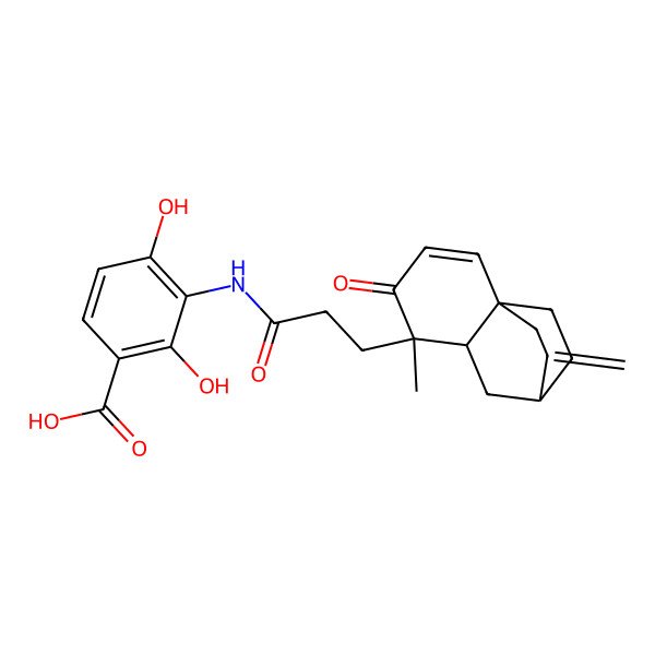 2D Structure of 2,4-Dihydroxy-3-{3-[(2S,4aS,8S)-8-methyl-3-methylidene-7-oxo-1,3,4,7,8,8a-hexahydro-2H-2,4a-ethanonaphthalen-8-yl]propanamido}benzoic acid