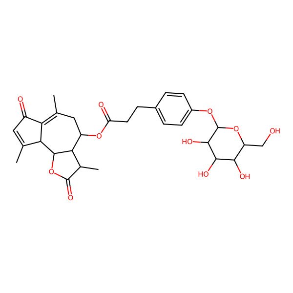 2D Structure of (3,6,9-Trimethyl-2,7-dioxo-3,3a,4,5,9a,9b-hexahydroazuleno[4,5-b]furan-4-yl) 3-[4-[3,4,5-trihydroxy-6-(hydroxymethyl)oxan-2-yl]oxyphenyl]propanoate