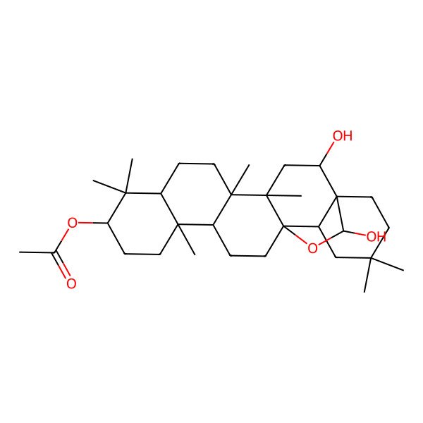 2D Structure of (2,23-Dihydroxy-4,5,9,9,13,20,20-heptamethyl-24-oxahexacyclo[15.5.2.01,18.04,17.05,14.08,13]tetracosan-10-yl) acetate