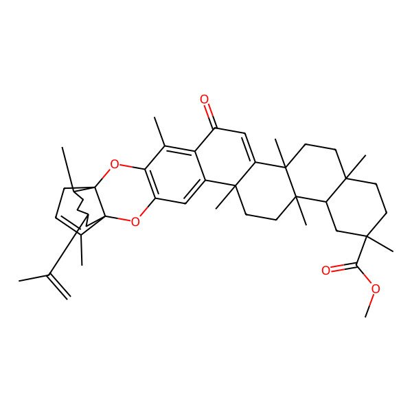 2D Structure of Methyl 6,9,12,15,18,23,27,32-octamethyl-21-oxo-30-prop-1-en-2-yl-2,25-dioxaoctacyclo[24.5.3.01,26.03,24.05,22.06,19.09,18.010,15]tetratriaconta-3(24),4,19,22,32-pentaene-12-carboxylate