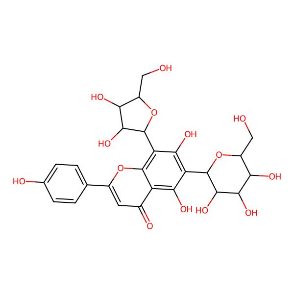2D Structure of 8-[(2S,3R,4R,5S)-3,4-dihydroxy-5-(hydroxymethyl)oxolan-2-yl]-5,7-dihydroxy-2-(4-hydroxyphenyl)-6-[(2S,3R,4R,5S,6R)-3,4,5-trihydroxy-6-(hydroxymethyl)oxan-2-yl]chromen-4-one
