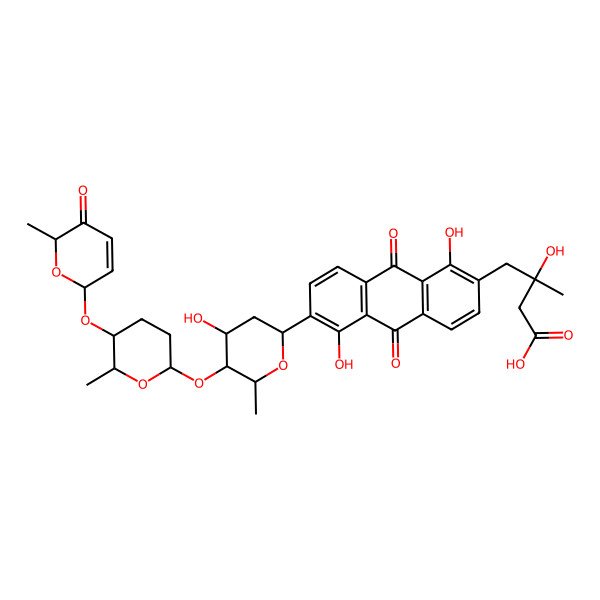 2D Structure of 4-[1,5-dihydroxy-6-[(2R,4R,5S,6R)-4-hydroxy-6-methyl-5-[(2S,5S,6S)-6-methyl-5-[[(2R,6S)-6-methyl-5-oxo-2H-pyran-2-yl]oxy]oxan-2-yl]oxyoxan-2-yl]-9,10-dioxoanthracen-2-yl]-3-hydroxy-3-methylbutanoic acid