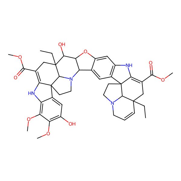 2D Structure of dimethyl (2R,6S,13R,22R,23R,24R,35S,38S,39R)-13,24-diethyl-23,32-dihydroxy-30,31-dimethoxy-21-oxa-1,9,17,28-tetrazaundecacyclo[22.13.1.16,9.02,22.03,20.05,18.06,16.027,35.029,34.035,38.013,39]nonatriaconta-3,5(18),11,15,19,26,29,31,33-nonaene-15,26-dicarboxylate