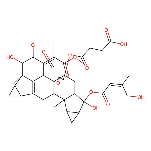 2D Structure of 4-[[(1R,2S,8R,9R,10S,12R,13R,14S,17S,19R,20S,21R,23Z)-9,21-dihydroxy-9-[(E)-4-hydroxy-3-methylbut-2-enoyl]oxy-23-(1-methoxy-1-oxopropan-2-ylidene)-13,20-dimethyl-4,22-dioxo-3-oxaoctacyclo[14.7.1.02,6.02,14.08,13.010,12.017,19.020,24]tetracosa-5,16(24)-dien-5-yl]oxy]-4-oxobutanoic acid