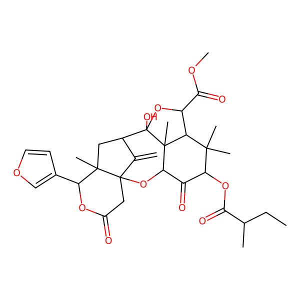 2D Structure of Methyl 14-(furan-3-yl)-10-hydroxy-6,6,13,19-tetramethyl-5-(2-methylbutanoyloxy)-18-methylidene-4,16-dioxo-2,9,15-trioxapentacyclo[9.6.1.13,7.01,13.010,19]nonadecane-8-carboxylate