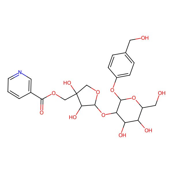 2D Structure of [(3S,4R,5S)-5-[(2S,3R,4S,5S,6R)-4,5-dihydroxy-6-(hydroxymethyl)-2-[4-(hydroxymethyl)phenoxy]oxan-3-yl]oxy-3,4-dihydroxyoxolan-3-yl]methyl pyridine-3-carboxylate