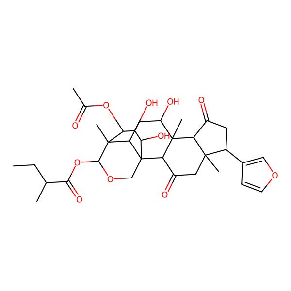 2D Structure of [20-Acetyloxy-6-(furan-3-yl)-11,18,19-trihydroxy-5,10,14-trimethyl-3,8-dioxo-16-oxapentacyclo[12.3.3.01,13.02,10.05,9]icosan-15-yl] 2-methylbutanoate