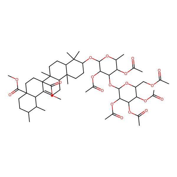 2D Structure of dimethyl (1S,2R,4aS,6aR,6aR,6bR,8aR,10S,12aR,14bS)-10-[(2R,3R,4R,5S,6S)-3,5-diacetyloxy-6-methyl-4-[(2S,3R,4S,5R,6R)-3,4,5-triacetyloxy-6-(acetyloxymethyl)oxan-2-yl]oxyoxan-2-yl]oxy-1,2,6b,9,9,12a-hexamethyl-2,3,4,5,6,6a,7,8,8a,10,11,12,13,14b-tetradecahydro-1H-picene-4a,6a-dicarboxylate