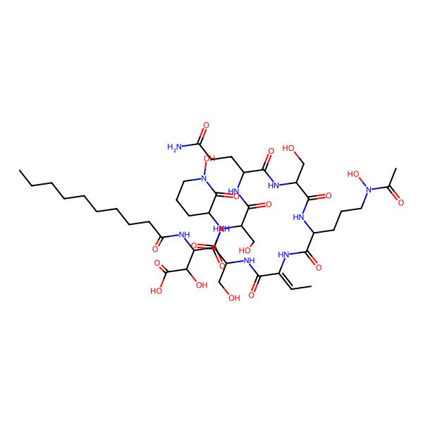 2D Structure of (2R,3R)-4-[[(2R)-1-[[(2S)-1-[[(2S)-1-[[(2S)-5-[acetyl(hydroxy)amino]-1-[[(E)-1-[[(2R)-3-hydroxy-1-[[(3R)-1-hydroxy-2-oxopiperidin-3-yl]amino]-1-oxopropan-2-yl]amino]-1-oxobut-2-en-2-yl]amino]-1-oxopentan-2-yl]amino]-3-hydroxy-1-oxopropan-2-yl]amino]-5-amino-1,5-dioxopentan-2-yl]amino]-3-hydroxy-1-oxopropan-2-yl]amino]-3-(decanoylamino)-2-hydroxy-4-oxobutanoic acid
