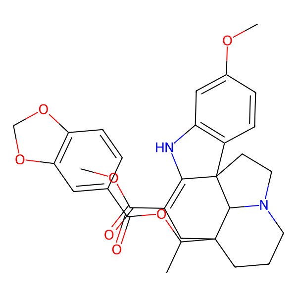 2D Structure of methyl (1R,12R,19R)-12-[(1S)-1-(1,3-benzodioxole-5-carbonyloxy)ethyl]-5-methoxy-8,16-diazapentacyclo[10.6.1.01,9.02,7.016,19]nonadeca-2(7),3,5,9-tetraene-10-carboxylate